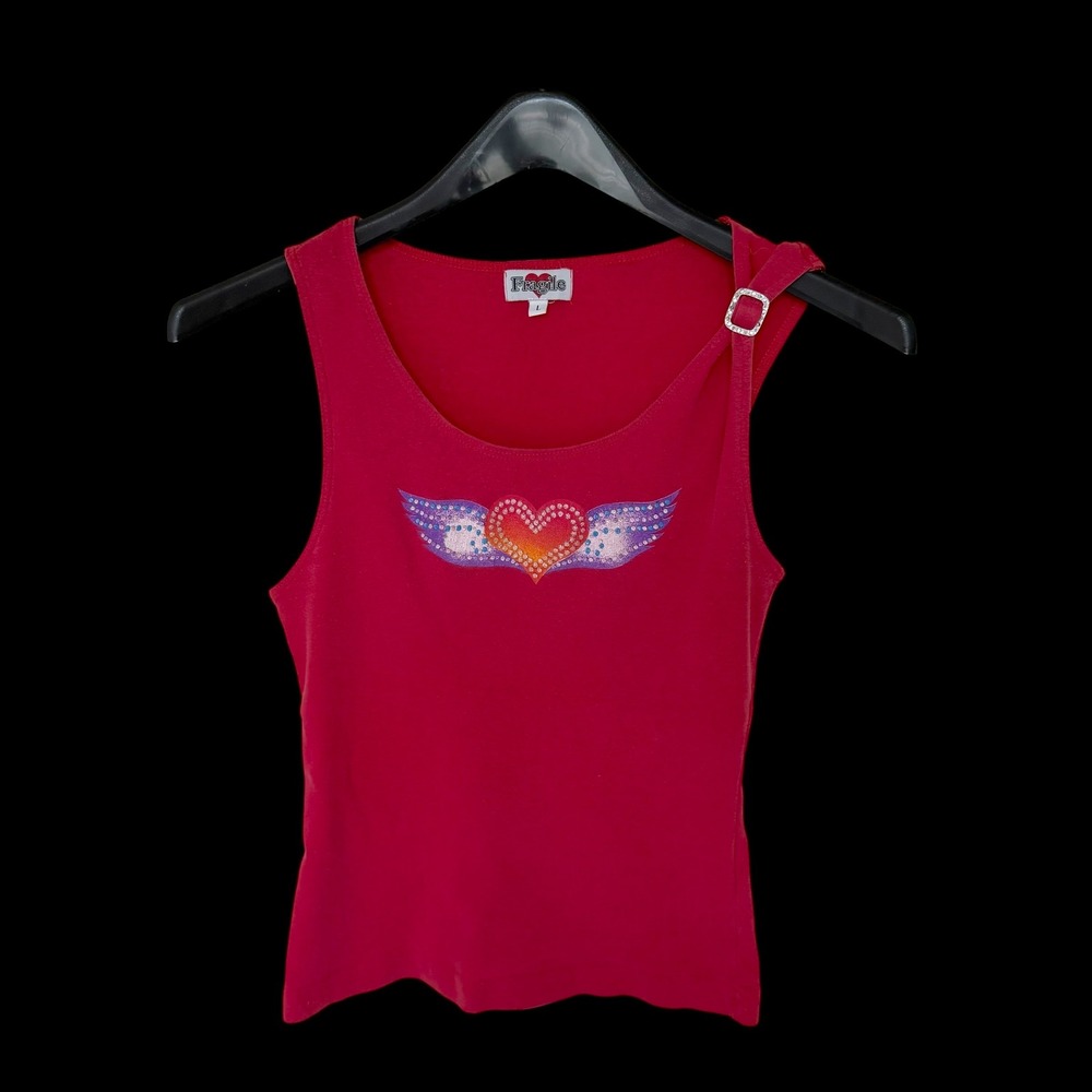 Y2K Fragile Red Winged Heart Rhinestone Tank Mcbling Buckle Strap Sleeveless L